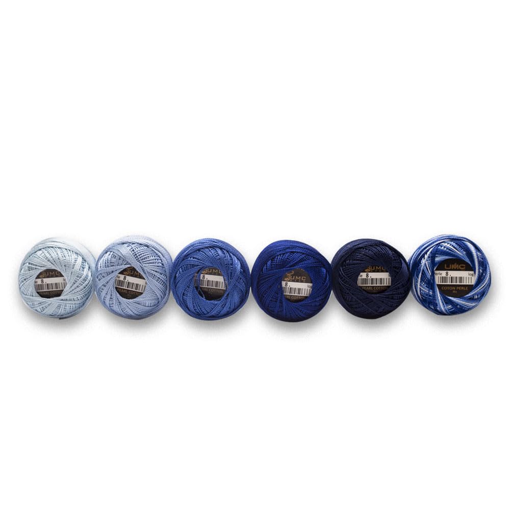 UMC STAG 6 Balls Premium Pearl Cotton Embroidery Thread Size 8 | 100% Egyptian Cotton Crochet Yarn | Cross Stitch Embroidery Yarn | Oeko TEX Certified | 10 Grams per Ball (Blue Tones) UMC STAG