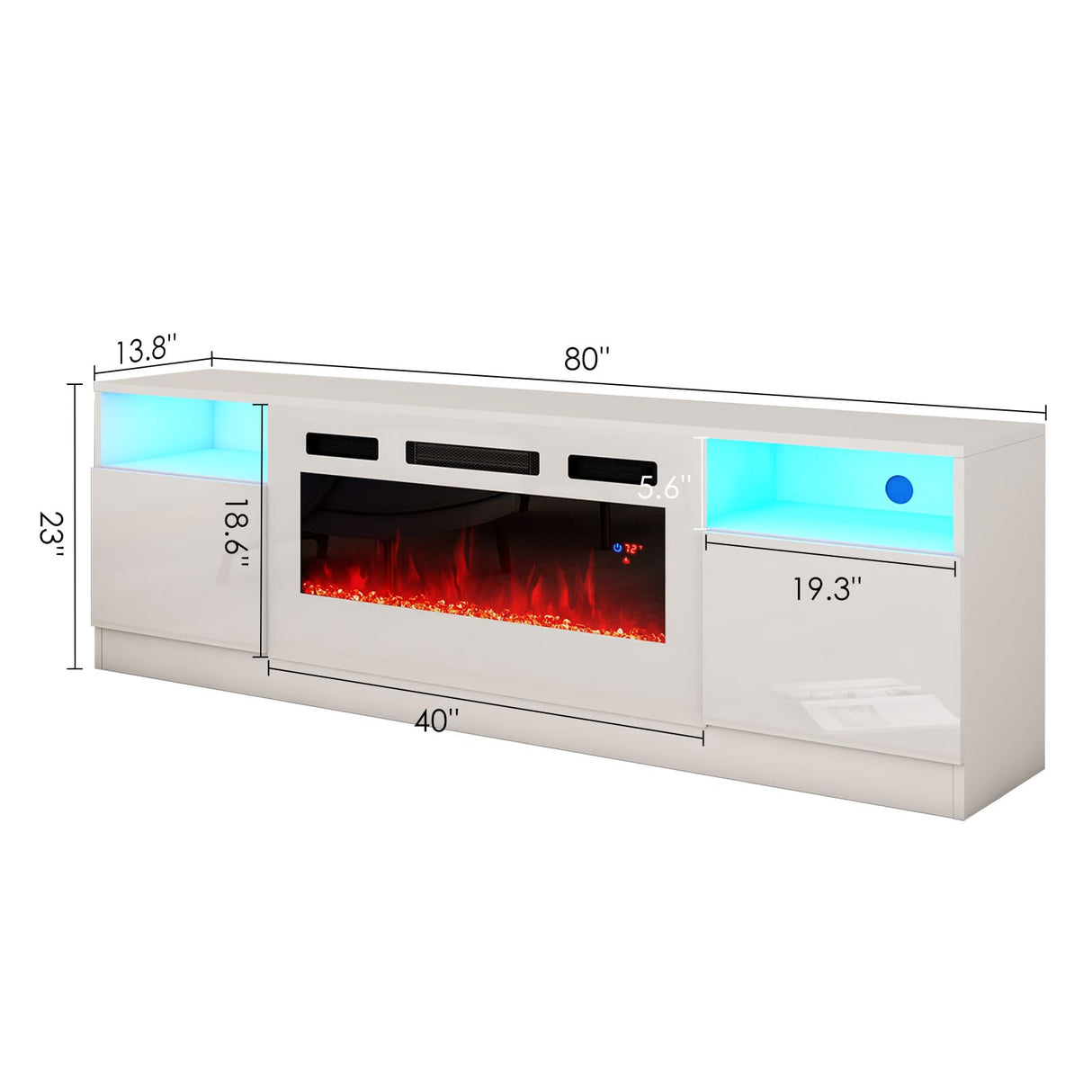 AMERLIFE 80" TV Stand with 40" Electric Fireplace Large Modern Matte Texture Media Entertainment Center with Highlight Storage Cabinet and 12 Colors LED Lights for TVs Up to 90", 80 inches, White AMERLIFE