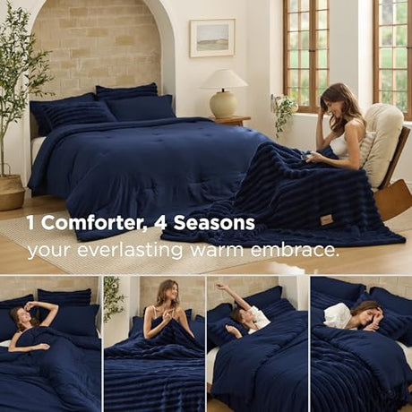 Bedsure Gentlesoft™ 2-in-1 King Size Comforter Set and Detachable Fluffy Blanket, Navy Blue Bedding Set for All Season Use, SnapTech™ Design for Space Saving (Includes 2 Pillow Shams, 2 Pillowcases) Bedsure