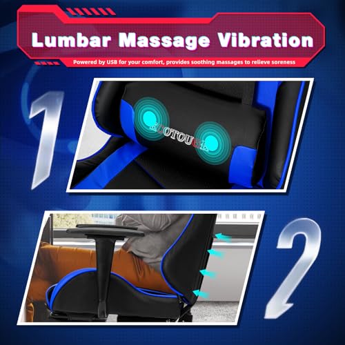 ECOTOUGE PC Massage Gaming Chair with Footrest Ergonomic Office Desk Chair Racing PU Leather Recliner Swivel Rocker with Headrest and Lumbar Pillow, Blue ECOTOUGE