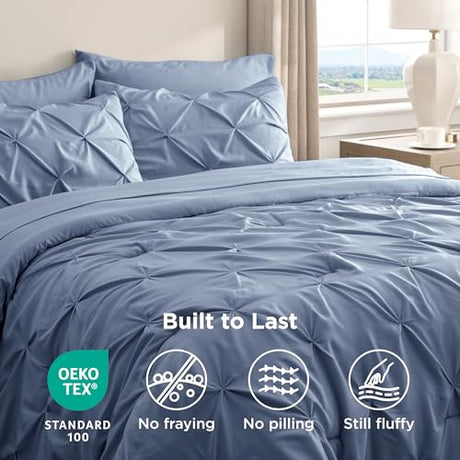 Bedsure Queen Comforter Set Slate Blue - Bed in a Bag Queen Size Bedding 7 Pieces, GentleSoft™ Pintuck Bed Set Gift for Family, Pinch Pleat All Season Comforter with Sheets, Pillowcases & Shams Bedsure