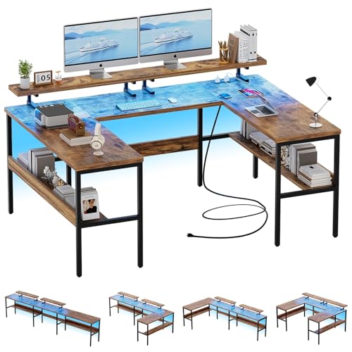 Hyomdeck DIY U Shaped Desk & L Shaped Office Desks with Adjustable Monitor Stand, RGB LED Lights and Power Outlets, Reversible L Shape Computer Gaming Desk with Storage Shelves, Rustic Brown