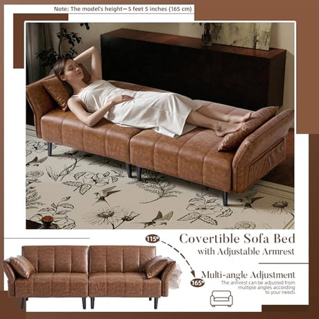 hausway 76.4" Leather Loveseat Sofa,Mid Century Modern Convertible Faux Leather Futon Couch with Adjustable Backrest&Armrest,Wooden&Steel Frame for Living Room,Apartment,Office,Space-Saving,Brown hausway