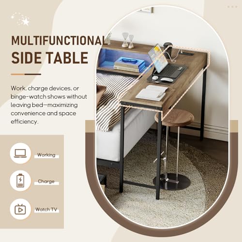 Modern Twin Size Corner Bed Frame with Storage Bookcase and Desk, 2 Underbed Drawers, LED Lights& Charging Station, Reversible Left/Right, Metal Platform Daybed, 96.9"L x 46.9"W x 31.5"H (Grey, Twin) Deolme