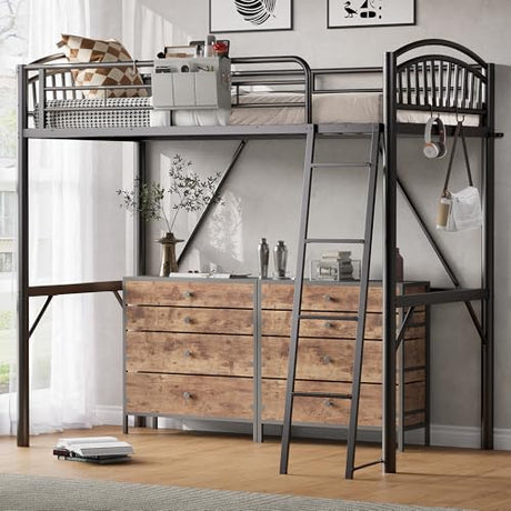 Decofy Metal Loft Bed Twin Size, Twin Loft Bed with Bedside Caddy, Convertible Ladder & Full-Length Guardrails, Space-Saving & Noise Free Design, No Box Spring Needed, Loftbed Frame for Teens Adults Decofy