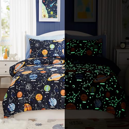 Queen Kids Comforter Set - 7 Pieces Queen Bedding Sets for Boys, Glow in The Dark Space Bed in A Bag with Sheets Kaleido Space