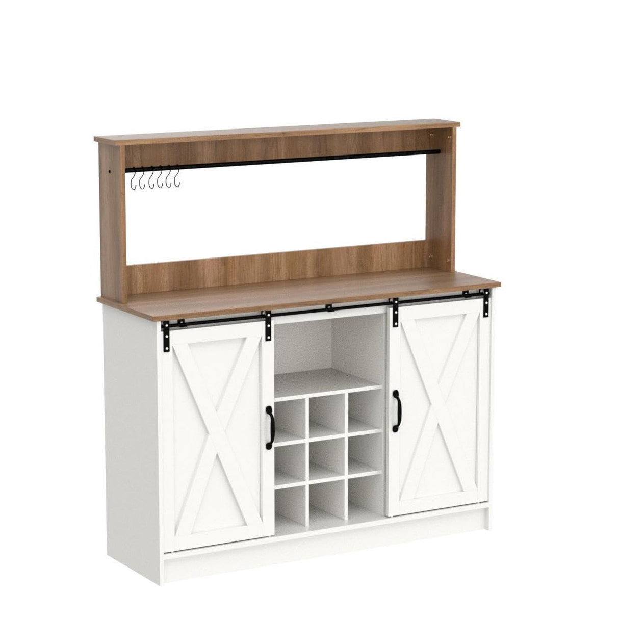 4ever2buy Farmhouse Coffee Bar Cabinet with Hutch, 47 Inch Buffet Cabinet with Storage, White Wine Bar with 9 Wine Racks and 6 Hooks, Coffee Bar Table with Adjustable Shelves for Living Dining Room 4ever2buy