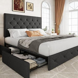 Allewie Upholstered Full Size Platform Bed Frame with 4 Storage Drawers and Headboard, Diamond Stitched Button Tufted, Mattress Foundation with Wooden Slats Support, No Box Spring Needed, Dark Grey Allewie