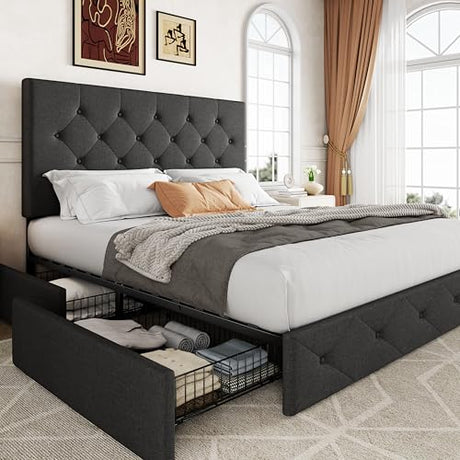 Allewie Upholstered Full Size Platform Bed Frame with 4 Storage Drawers and Headboard, Diamond Stitched Button Tufted, Mattress Foundation with Wooden Slats Support, No Box Spring Needed, Dark Grey Allewie