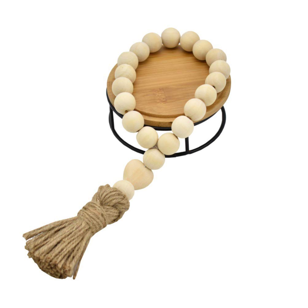 Garneck Wooden Bead Wreath Tassels - 2 Pcs Rustic Farmhouse Wooden Bead Ring with Wood Heart Pendant Tassels - Hanging Wooden Bead String for Home Garden Statue, Cross Prayer Decor Garneck