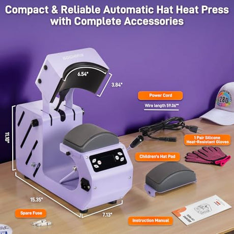 GOCHIFIX Auto Hat Heat Press Machine, Automatic Open/Release, 4 Memory Modes, Precise Temp/Timer Control, 6.54"x3.84"Curved Heat Plate, Hat Stretcher, for Caps, Sublimation, Vinyl, Heat Transfer GOCHIFIX