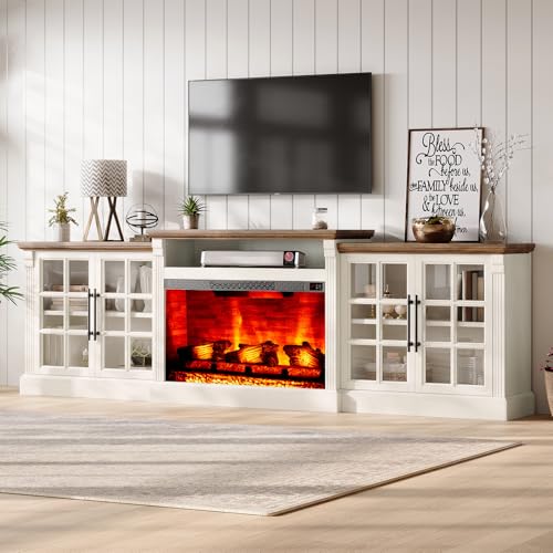 LUXOAK 97" Farmhouse TV Stand with 33" Fireplace for TVs up to 100", Media Entertainment Center with Large Storage Cabinet Adjustable Shelves for Living Room, White/Barnwood LUXOAK