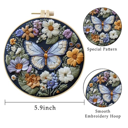 LB 4 Pack Colorful Butterfly Embroidery Kit for Beginners Nature Flower Beginner Embroidery Kit for Adults DIY Starter Kit with Embroidery Hoop Colorful Threads Tools Step by Step Instructions
