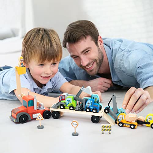 Wooden Construction Site Vehicles with Trailer 14 PCS Set, Vehicle Toys Cars for Toddlers and Kids Ages 3+ Gifts for Boys Girls, Compatible with Thomas and Other Major Brand Train Toy and Railway Set BBtinker