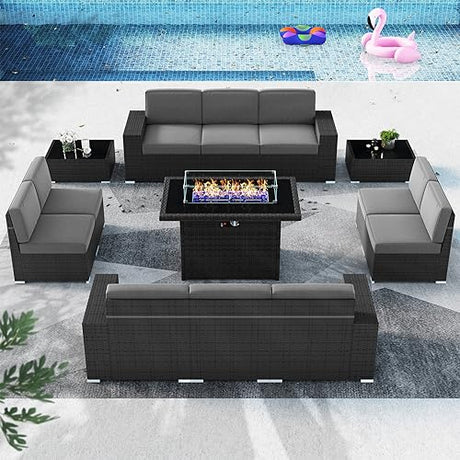 Vakollia 13 Pieces Patio Furniture Set with 44" Propane Gas Fire Pit Table, Outdoor Sectional Wicker Conversation Sofa Sets with Coffee Table Vakollia