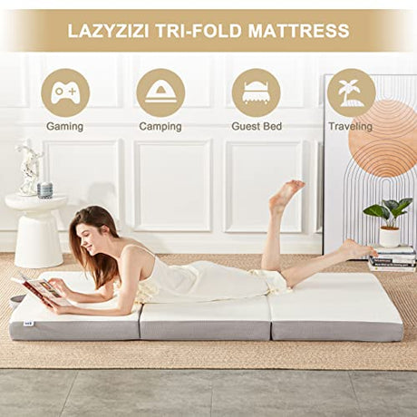 Lazyzizi Folding Mattress, 4 Inch Memory Foam Tri-fold with Breathable Bamboo Fiber Fabric Cover, Foldable Floor Mattress Guest Bed for Camping, Road Trip, Twin Lazyzizi