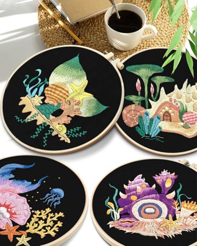 TINDTOP 4 Pack Embroidery Kit for Adult Beginners, Embroidery DIY Starter Kit, with Ocean Shell Stamped Patterns, Hoop, Tools, Colorful Threads with Needles, Instructions TINDTOP