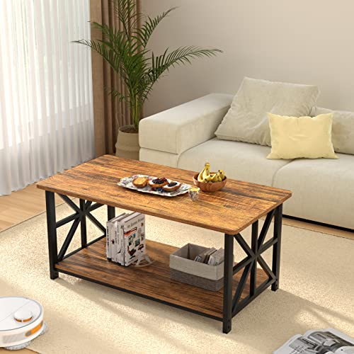 GreenForest Coffee Table with Round Corner, Farmhouse Center Table with 2-Tier Storage Shelf X-Frame Design for Living Room, 39 inch Walnut - WoodArtSupply