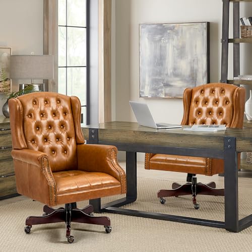 ECOTOUGE Tufted Office Chair, Faux Leather Executive Desk Chair w/High Back & Nail Head Trim, Ergonomic Wingback PC Chair for Home, Office and Living Room, Brown ECOTOUGE