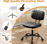 Sweetcrispy Small Office Desk Chair - Armless PU Leather with Comfy Lumbar Support, Height Adjustable Rolling Swivel Task for No Arms, for Adult, Student, Bedroom, Home, Vanity, Black Sweetcrispy