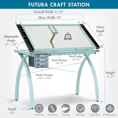 SD STUDIO DESIGNS Futura Craft & Drawing Table with Adjustable Tempered Safety Glass Top – Modern Art Desk with Storage Drawers, Pencil Ledge, Glossy Sage/Clear Glass SD STUDIO DESIGNS