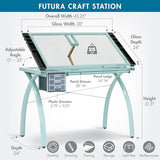 SD STUDIO DESIGNS Futura Craft & Drawing Table with Adjustable Tempered Safety Glass Top – Modern Art Desk with Storage Drawers, Pencil Ledge, Glossy Sage/Clear Glass SD STUDIO DESIGNS