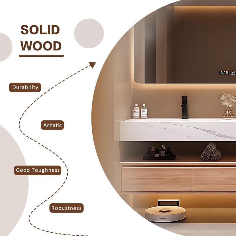 High QLO Bathroom Vanity Double Sinks Set - Floating Log Color Classic Design Bathroom Vanity Includes Three Large Drawers | Open Storage Rack & Time Display Mirror,Double Basins(60IN) High QLO