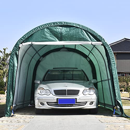 Walsport 10x15 Carport Canopy, Portable Garage with Steel Frame and Waterproof Cover, Round Roof Car Tent for Outdoor Storage Shed Car (Green) walsport