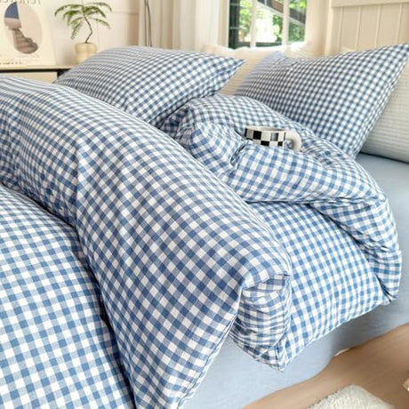 LifeTB Blue Gingham Comforter Set King 3 Pieces Modern Plaid Checkered Pattern Comforter Gingham Bedding Set Fluffy Soft Grid Plaid Bedding Comforter Farmhouse Checkered Comforter Set King Size LifeTB