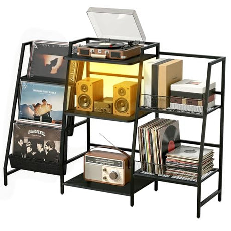 Livofloral Record Player Stand with LED Lights, Record Player Table with Large Capacity Storage Holds Up to 300 Albums, Vinyl Records Stands for Living Room, Turntable Stand Shelf for Albums, Black Livofloral