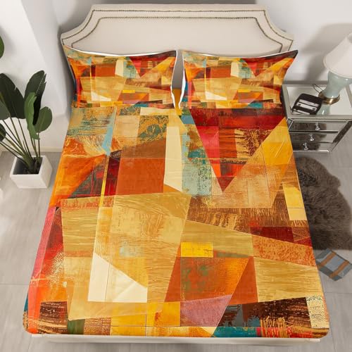 Feelyou Orange Red and Yellow Sheet Set King Size Kids Geometric Abstract Sheets with Deep Pocket Fitted Sheet for Boys Girls Teens Modern Bed Sheets Set Artwork Bedding Set Room Decor Feelyou