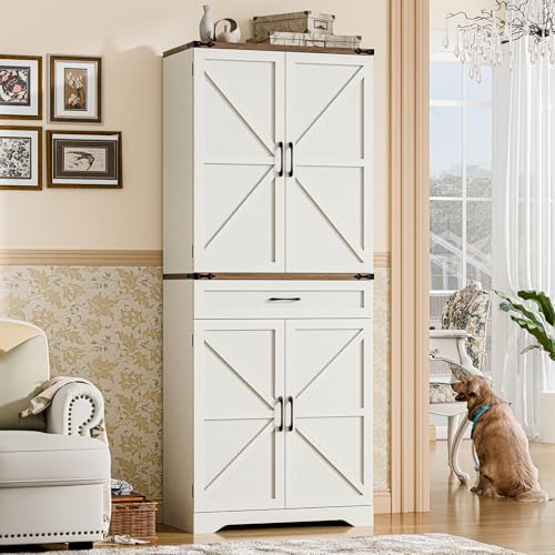 72" Tall Farmhouse Kitchen Pantry, Farmhouse Storage Cabinet with Adjustable Shelves, Large Capacity Storage Cabinet with Drawer,Freestanding Cupboard for Kitchen, Dining Room, Living Room, White