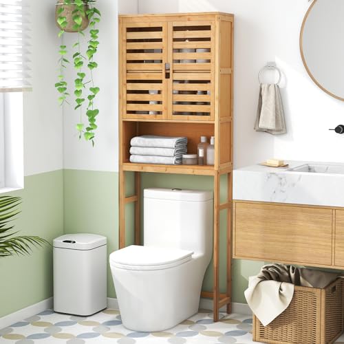 Tangkula Over The Toilet Storage Cabinet, Tall Natural Bamboo Bathroom Shelf Over Toilet with 2 Doors & Open Shelf, Freestanding Toilet Bathroom Space Saver, 24.5 x 9 x 67 Inch (Natural) - WoodArtSupply