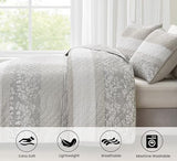 Chezmoi Collection Robyn 3-Piece Neutral Taupe Gray White Floral Hibiscus Flower Patchwork Striped Quilt Set - Pre-Washed Cotton Coverlet - Lightweight Reversible Bedspread, Queen Size Chezmoi Collection
