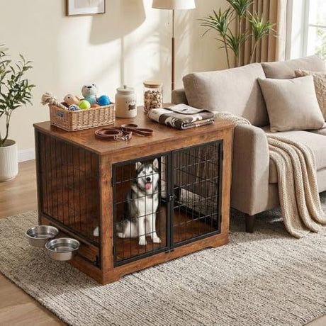 Dog Crate Furniture, 38" Double Doors Indoor Decor Pet House Cage, Wooden Dog Kennel with 360°& Adjustable Raised Dog Bowls,Indoor Pet End Tables with Storage Platform for Large/Medium Dog Garvee