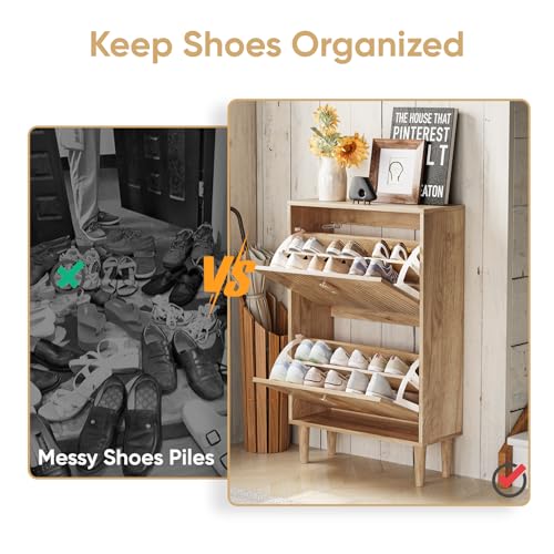 Morwdxef Shoe Cabinet Storage for Entryway with 2 Flip Drawers, Narrow Shoe Cabinet for Entryway, Hidden Slim Shoe Organizer Rack Cabinet (Natural, 23.6" W) Morwdxef
