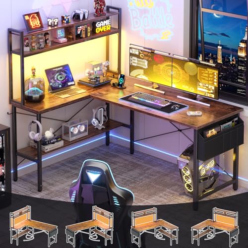 Aheaplus L Shaped Desk Gaming Desk, 59" L Shaped Computer Desk with LED Light & Power Outlet, Reversible Home Office Desk Gamer Desk with Shelves & Storage Bag & Hooks, Corner PC Desk, Rustic Brown Aheaplus