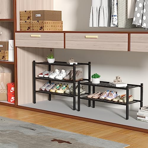 ROMGUAR CRAFT 3 Tier Bamboo Shoe Rack for Closet Free Standing Wood Shoe Shelf Storage Organizer for Entryway Small Space Stackable 27"x11"x20" (Black) ROMGUAR CRAFT