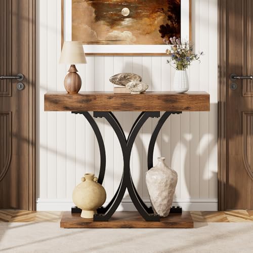 JUSTOGO 43.3" Console Table for Entryway, Industrial Sofa Table Entryway Table, Narrow Wood Accent Tables X-Shaped Metal Hallway Table for Living Room, Small Spaces, Entrance, Foyer, Rustic Brown JUSTOGO