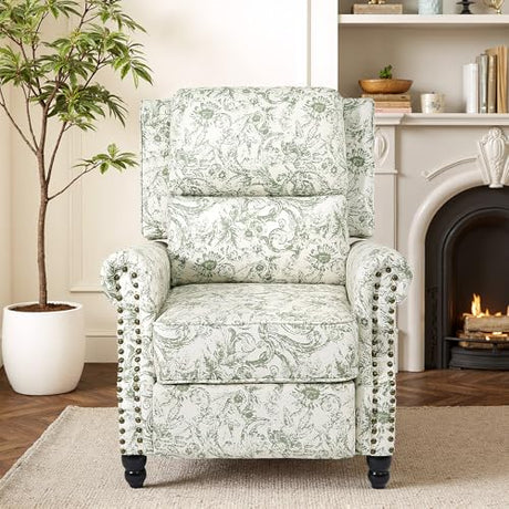 Pushback Recliner Chair, Comfy Fabric Wingback Recliner Chair, Upholstered Armchair Push Back Recliner with Wood Legs, Rivet Trim Single Sofa Accent Chair for Living Room, Bedroom, Rococo Green Qatiby