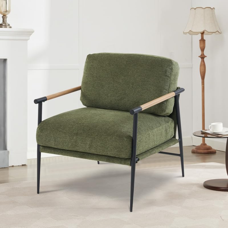 Accent Chair Mid Century Modern Armchair for Living Room,Bedroom,Office,Lounge Comfy Chenille Upholstered Soft Removable Washable Cushions and Pillows,Metal Wood-Grain Armrest Legs,Green Comfort Stretch