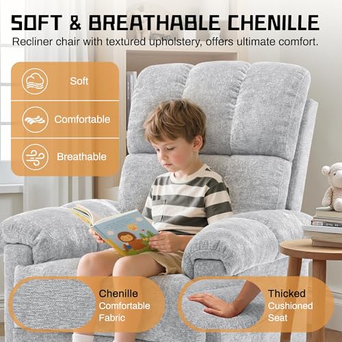 Korser Recliner Chair, Swivel Rocker Recliner Chair for Adults, Small Recliners for Small Spaces, Manual Recliner Chair with Side Pockets, Nursery Rocking Chair for Living Room, Chenille, Silver Grey