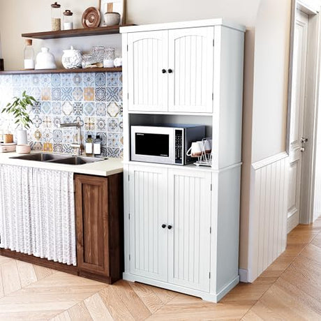 HLR 72" Kitchen Pantry Storage Cabinet, Freestanding Larder Cupboard, Kitchen Hutch Cabinet with Microwave Stand,Utility Pantry with Doors and Shelves for Dining Room, Living Room HLR