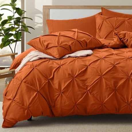 VACVELT 5 Piece Pinch Pleated Duvet Cover Full/Queen Size Set, Burnt Orange Pintuck Duvet Cover with Zipper & 8 Ties, Shabby Chic Microfiber Duvet Cover + 2 Pillow Shams + 2 Pillowcases, No Comforter VACVELT
