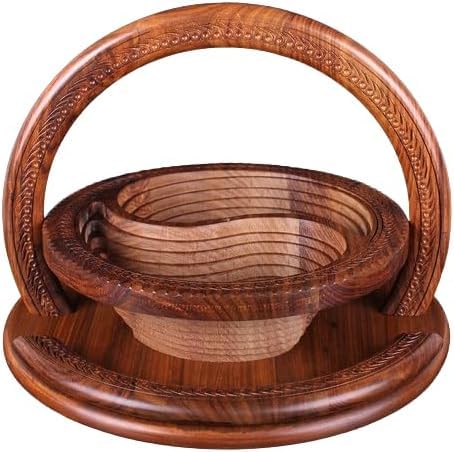 Handmade Wood Carving Fruit Plate - Foldable Fruit Basket, Nut Snack Tray, Divided Snack Serving Tray, Wooden Snackle Box Container for Candy, Fruit, Nuts WGMM