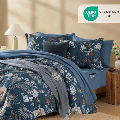 CASAAGUSTO King Size Comforter Set - 7 Pieces Blue Floral Bedding Sets, King Bed in a Bag with Botanical Butterfly Comforter, Sheets, Pillowcases & Shams for All Seasons CASAAGUSTO