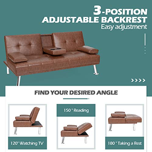 Giantex Convertible Futon Sofa Bed, Faux Leather Sectional Couch Sleeper, Removable Armrests 2 Cup Holders Backrest Adjustable, Upholstered Small Guest Bed for Apartment Living Room Brown Giantex
