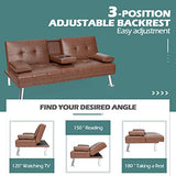Giantex Convertible Futon Sofa Bed, Faux Leather Sectional Couch Sleeper, Removable Armrests 2 Cup Holders Backrest Adjustable, Upholstered Small Guest Bed for Apartment Living Room Brown Giantex