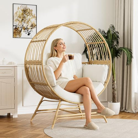 Bifanuo Oversized Egg Chair Indoor/Outdoor Rattan Hanging Basket Chair with Thickened Cushion Supports 350LBS – Wicker Patio Lounge Chair for Balcony Porch Living Room Backyard (Beige) Bifanuo