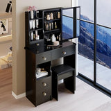 Montary 29.2" Small Size Vanity Desk with Drawers & Sliding Mirror, Cushioned Stool Included, Multi-Layer Storage, Hidden Compartments,Practical & Fashionable Dresser for Small Spaces,Black Montary
